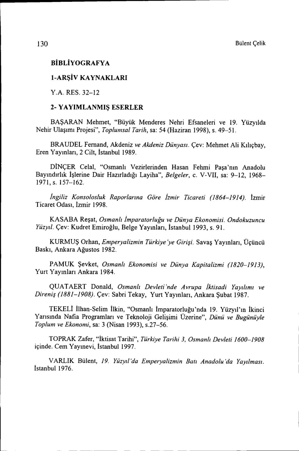 DİNÇER Celal, "Osmanlı Vezirlerinden Hasan Fehmi Paşa'nın Anadolu Bayındırlık İşlerine Dair Hazırladığı Layiha", Belgeler, c. V-Vıı, sa: 9-12, 1968-1971, s. 157-162.