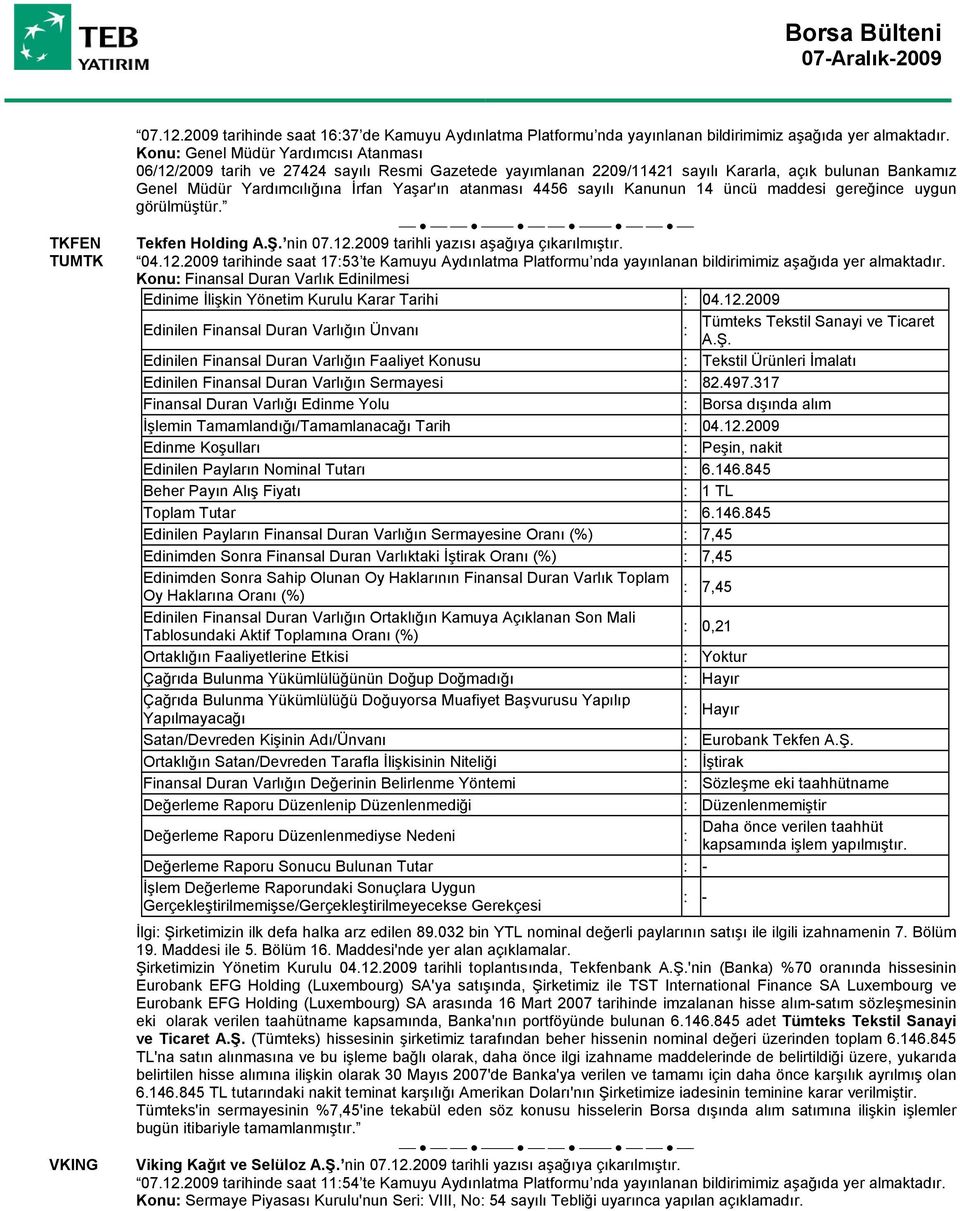 4456 sayılı Kanunun 14 üncü maddesi gereğince uygun görülmüştür. Tekfen Holding A.Ş. nin 07.12.