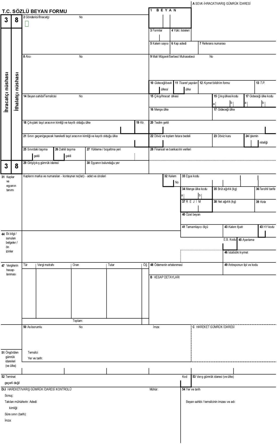 SÖZLÜ BEYAN FORMU 1 B E Y A N 3 8 2 Gderici/İhracatçõ 5 Kalem sayõsõ 6 Kap adedi 7 Referans numarasõ 8 Alõcõ 9 Mali Müşavir/Serbest Muhasebeci İhracatçõ nüshasõ İthalatçõ nüshasõ 10 Gideceği/sevk 11