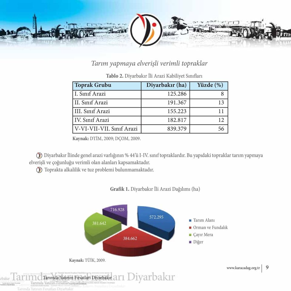 Diyarbakır İlinde genel arazi varlığının % 44 ü I-IV. sınıf topraklardır. Bu yapıdaki topraklar tarım yapmaya elverişli ve çoğunluğu verimli olan alanları kapsamaktadır.