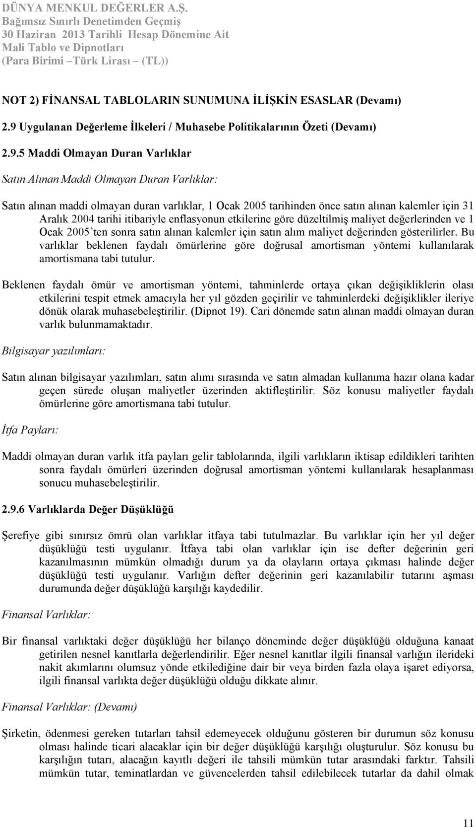 5 Maddi Olmayan Duran Varlıklar Satın Alınan Maddi Olmayan Duran Varlıklar: Satın alınan maddi olmayan duran varlıklar, 1 Ocak 2005 tarihinden önce satın alınan kalemler için 31 Aralık 2004 tarihi