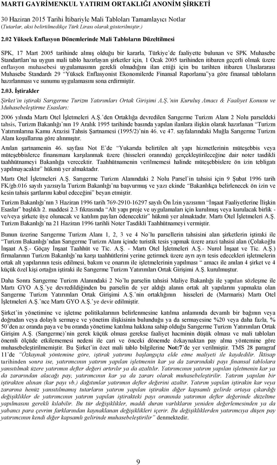 Standardı 29 Yüksek Enflasyonist Ekonomilerde Finansal Raporlama ya göre finansal tabloların hazırlanması ve sunumu uygulamasını sona erdirmiştir. 2.03.