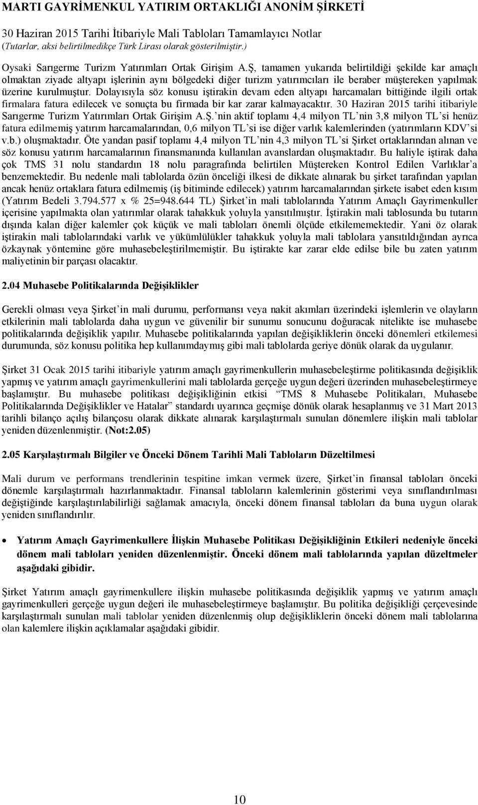 Dolayısıyla söz konusu iştirakin devam eden altyapı harcamaları bittiğinde ilgili ortak firmalara fatura edilecek ve sonuçta bu firmada bir kar zarar kalmayacaktır.