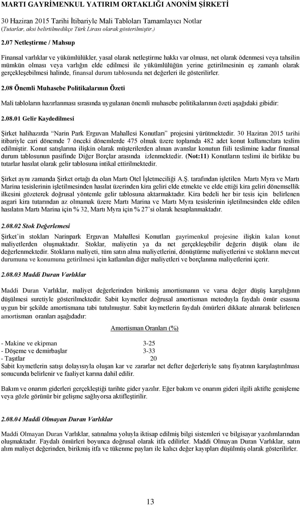 08 Önemli Muhasebe Politikalarının Özeti Mali tabloların hazırlanması sırasında uygulanan önemli muhasebe politikalarının özeti aşağıdaki gibidir: 2.08.01 Gelir Kaydedilmesi Şirket halihazırda Narin Park Erguvan Mahallesi Konutları projesini yürütmektedir.