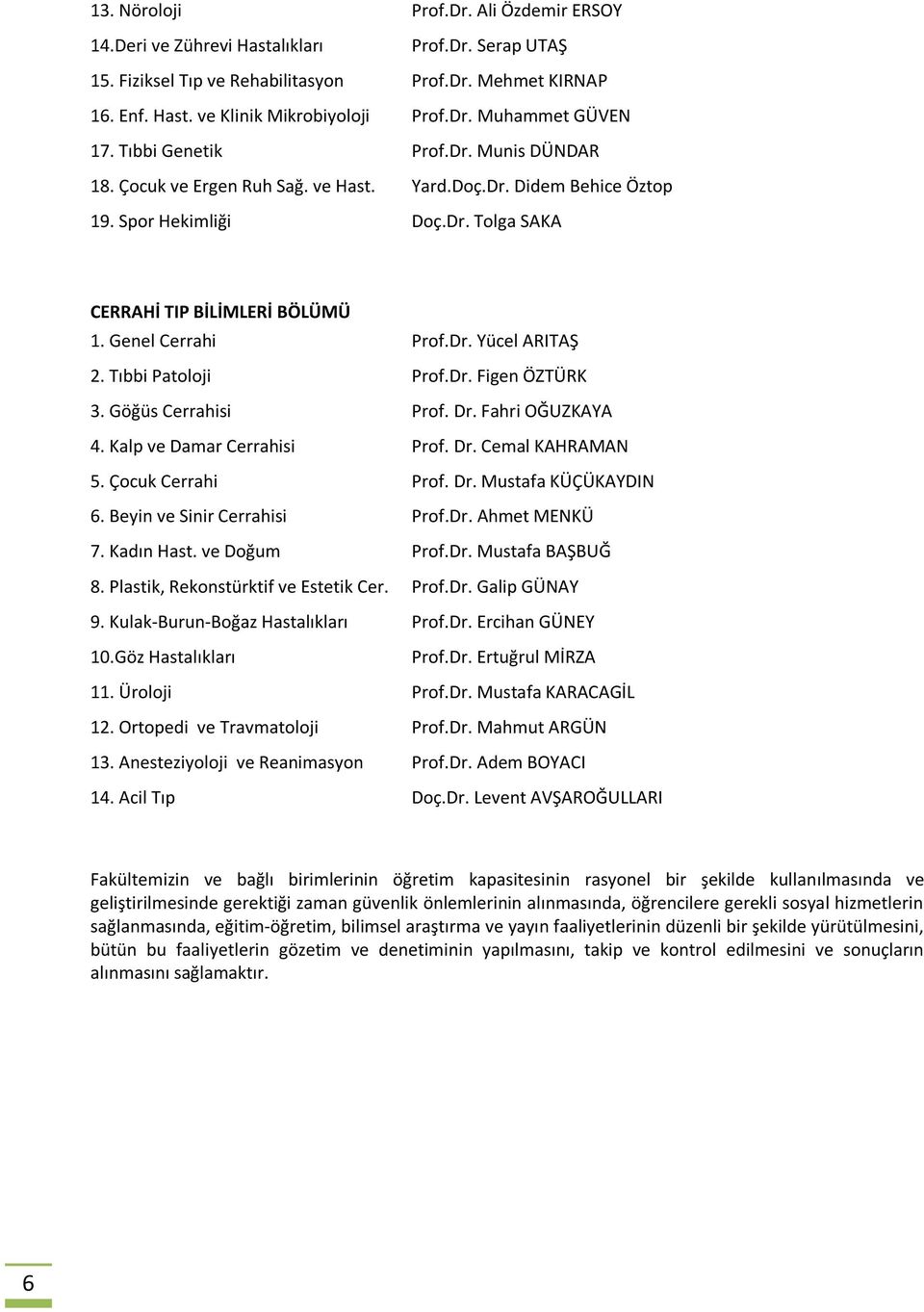 Tıbbi Patoloji Prof.Dr. Figen ÖZTÜRK 3. Göğüs Cerrahisi Prof. Dr. Fahri OĞUZKAYA 4. Kalp ve Damar Cerrahisi Prof. Dr. Cemal KAHRAMAN 5. Çocuk Cerrahi Prof. Dr. Mustafa KÜÇÜKAYDIN 6.