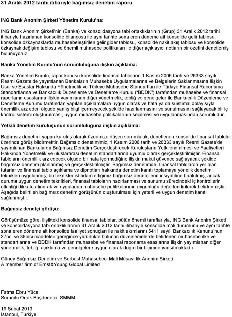 değişim tablosu ve önemli muhasebe politikaları ile diğer açıklayıcı notların bir özetini denetlemiş bulunuyoruz.