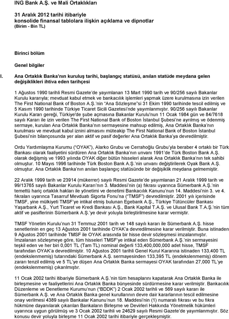 90/256 sayılı Bakanlar Kurulu kararıyla; mevduat kabul etmek ve bankacılık işlemleri yapmak üzere kurulmasına izin verilen The First National Bank of Boston A.Ş.