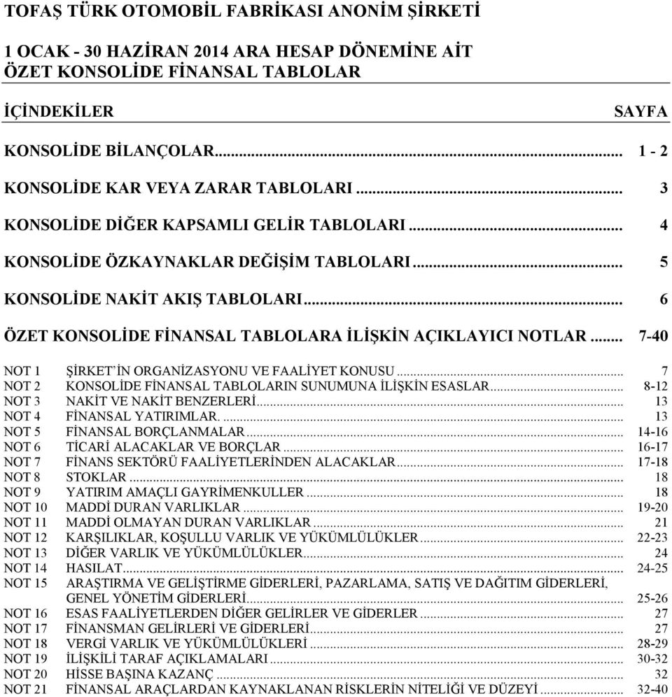 .. 7 NOT 2 KONSOLİDE FİNANSAL TABLOLARIN SUNUMUNA İLİŞKİN ESASLAR... 8-12 NOT 3 NAKİT VE NAKİT BENZERLERİ... 13 NOT 4 FİNANSAL YATIRIMLAR.... 13 NOT 5 FİNANSAL BORÇLANMALAR.