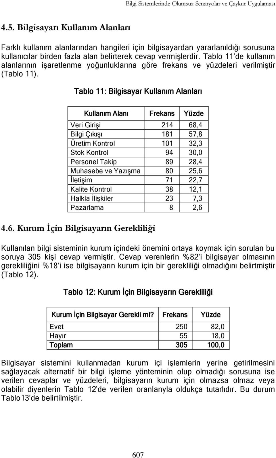 Tablo 11 de kullanım alanlarının iģaretlenme yoğunluklarına göre frekans ve yüzdeleri verilmiģtir (Tablo 11).