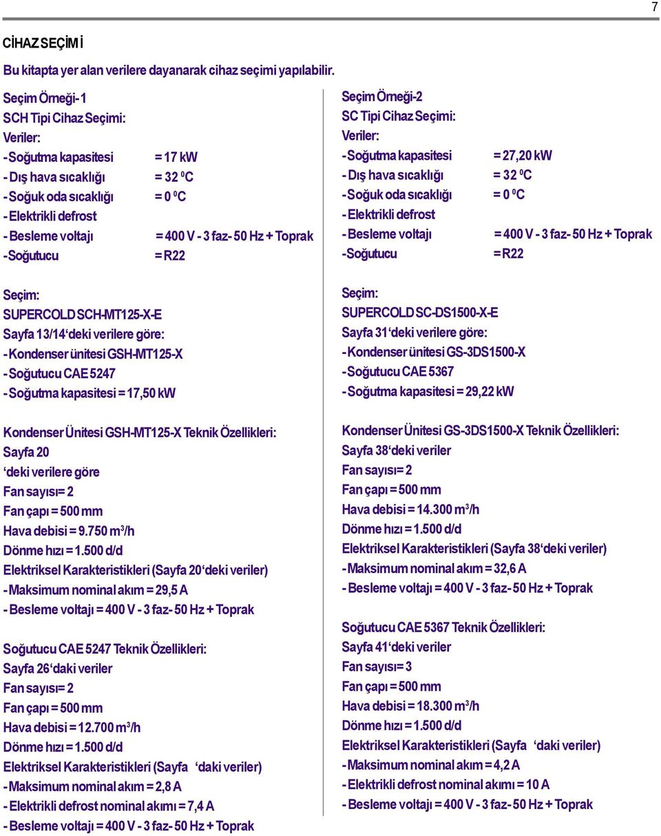 Soðutucu = R22 Seçim: SUPERCOLD SCHMT125XE Sayfa 13/14 deki verilere göre: Kondenser ünitesi GSHMT125X Soðutucu CE 5247 Soðutma kapasitesi = 17,50 kw Kondenser Ünitesi GSHMT125X Teknik Özellikleri: