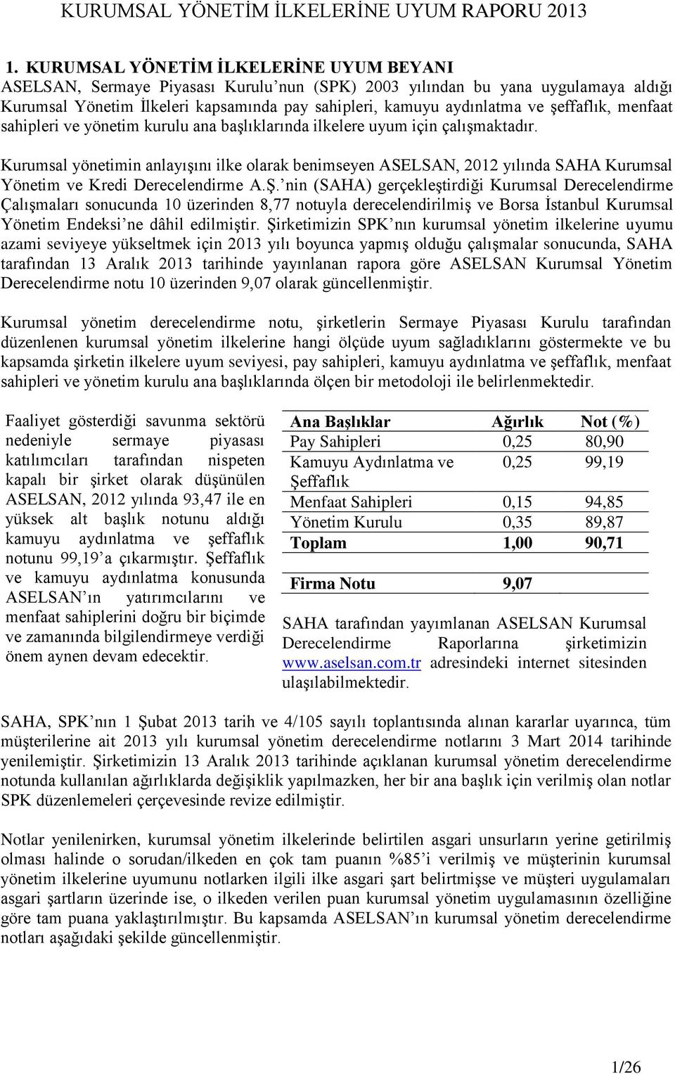 Kurumsal yönetimin anlayışını ilke olarak benimseyen ASELSAN, 2012 yılında SAHA Kurumsal Yönetim ve Kredi Derecelendirme A.Ş.