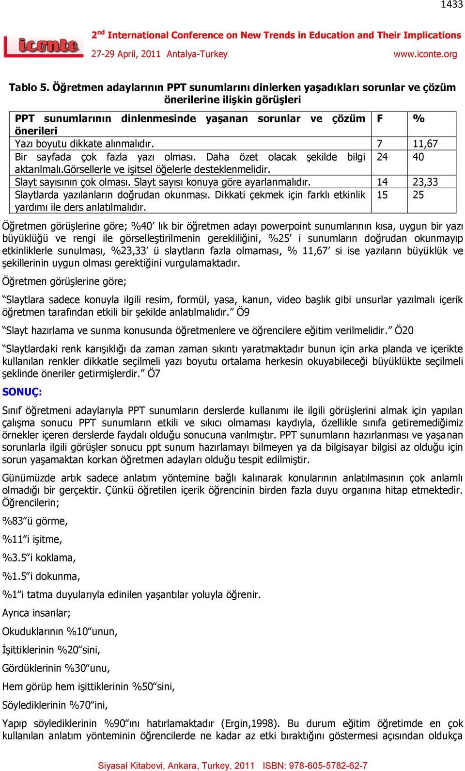 alınmalıdır. 7 11,67 Bir sayfada çok fazla yazı olması. Daha özet olacak şekilde bilgi 24 40 aktarılmalı.görsellerle ve işitsel öğelerle desteklenmelidir. Slayt sayısının çok olması.