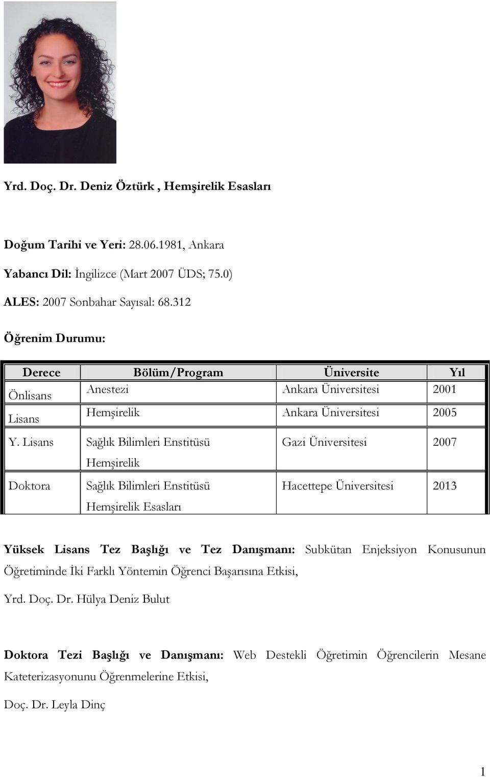 Lisans Sağlık Bilimleri Enstitüsü Gazi Üniversitesi 2007 Hemşirelik Doktora Sağlık Bilimleri Enstitüsü Hemşirelik Esasları Hacettepe Üniversitesi 2013 Yüksek Lisans Tez Başlığı ve Tez