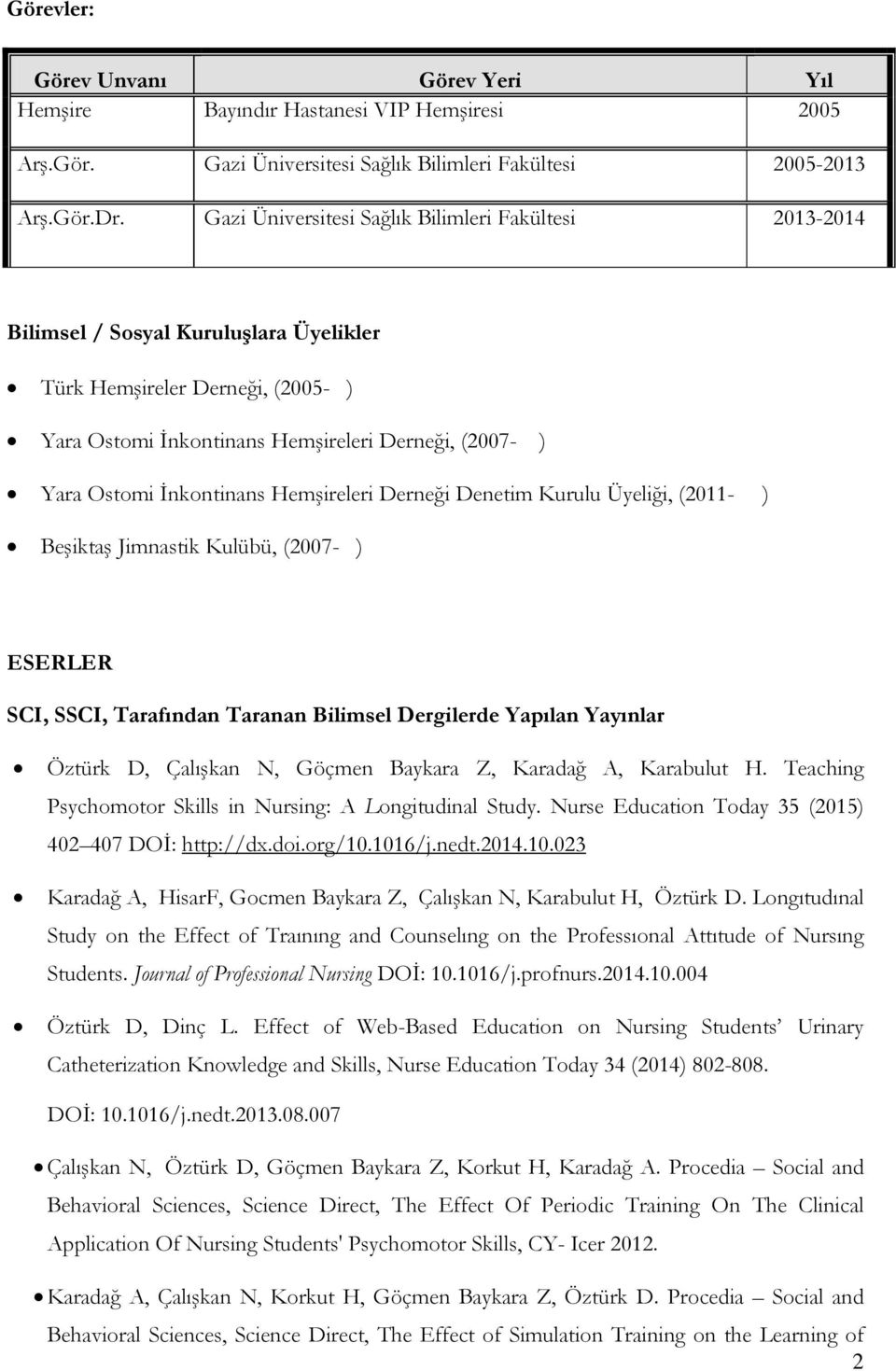 İnkontinans Hemşireleri Derneği Denetim Kurulu Üyeliği, (2011- ) Beşiktaş Jimnastik Kulübü, (2007- ) ESERLER SCI, SSCI, Tarafından Taranan Bilimsel Dergilerde Yapılan Yayınlar Öztürk D, Çalışkan N,