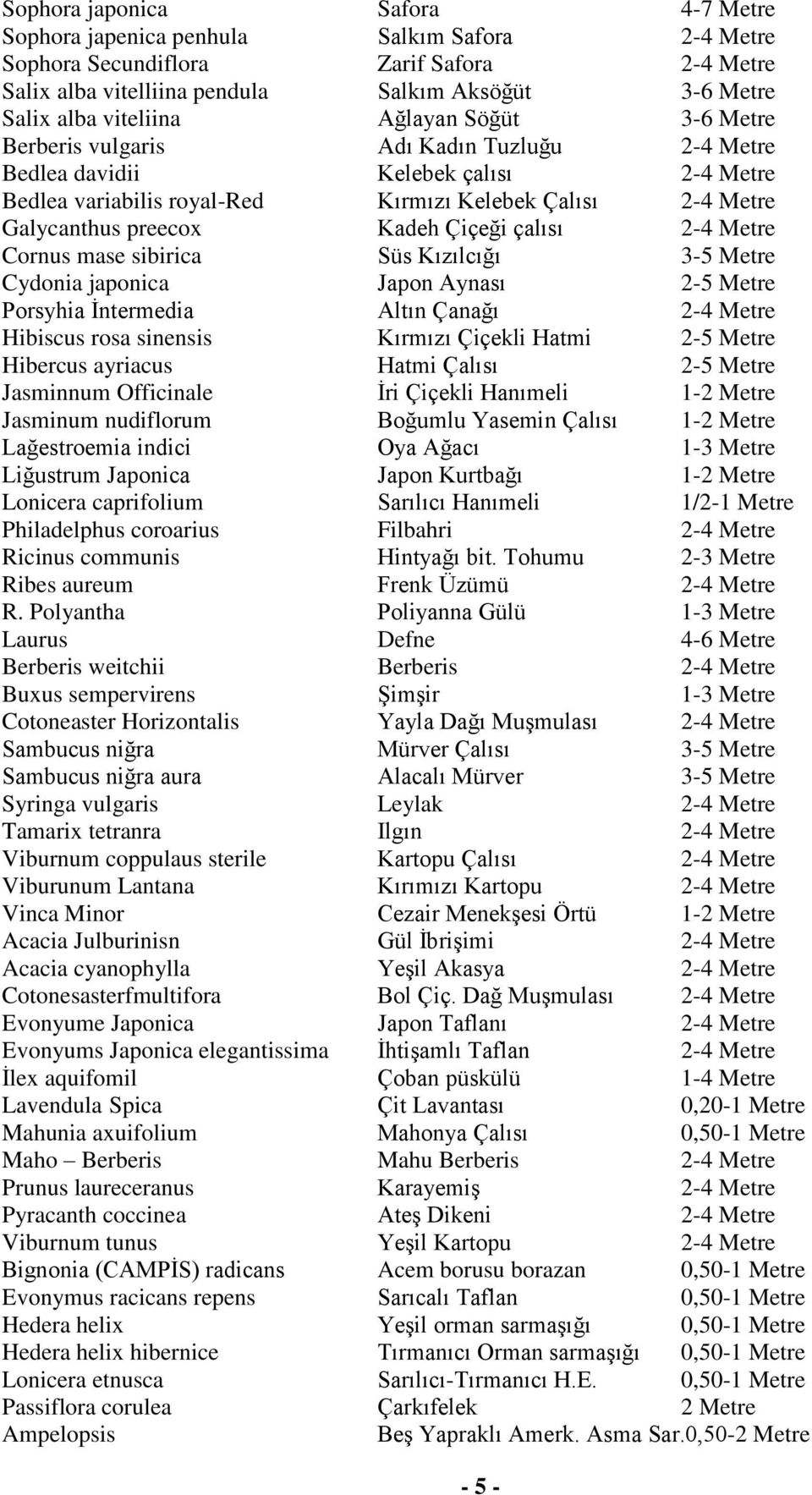 çalısı 2-4 Metre Cornus mase sibirica Süs Kızılcığı 3-5 Metre Cydonia japonica Japon Aynası 2-5 Metre Porsyhia İntermedia Altın Çanağı 2-4 Metre Hibiscus rosa sinensis Kırmızı Çiçekli Hatmi 2-5 Metre