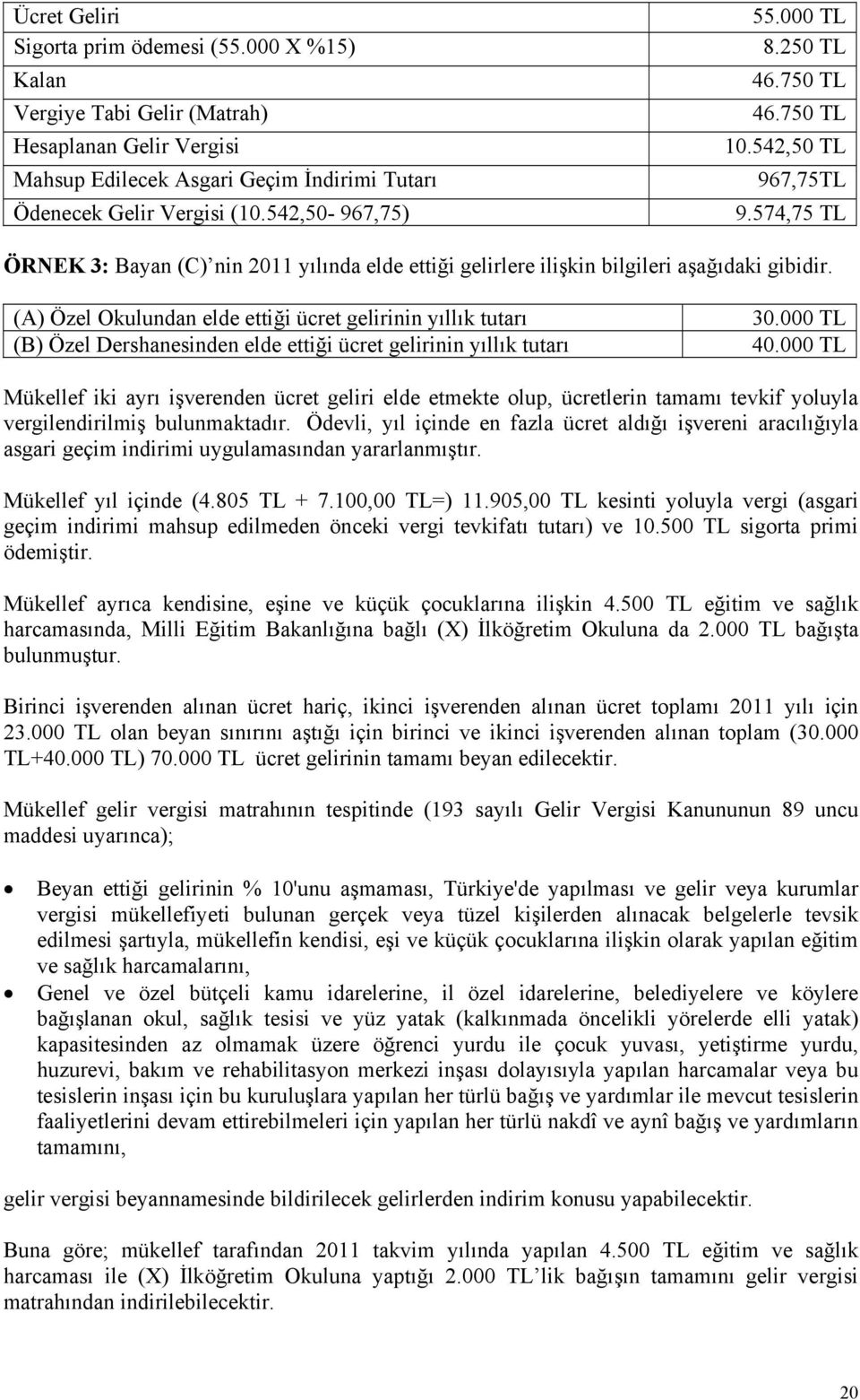 (A) Özel Okulundan elde ettiği ücret gelirinin yıllık tutarı (B) Özel Dershanesinden elde ettiği ücret gelirinin yıllık tutarı 30.000 TL 40.