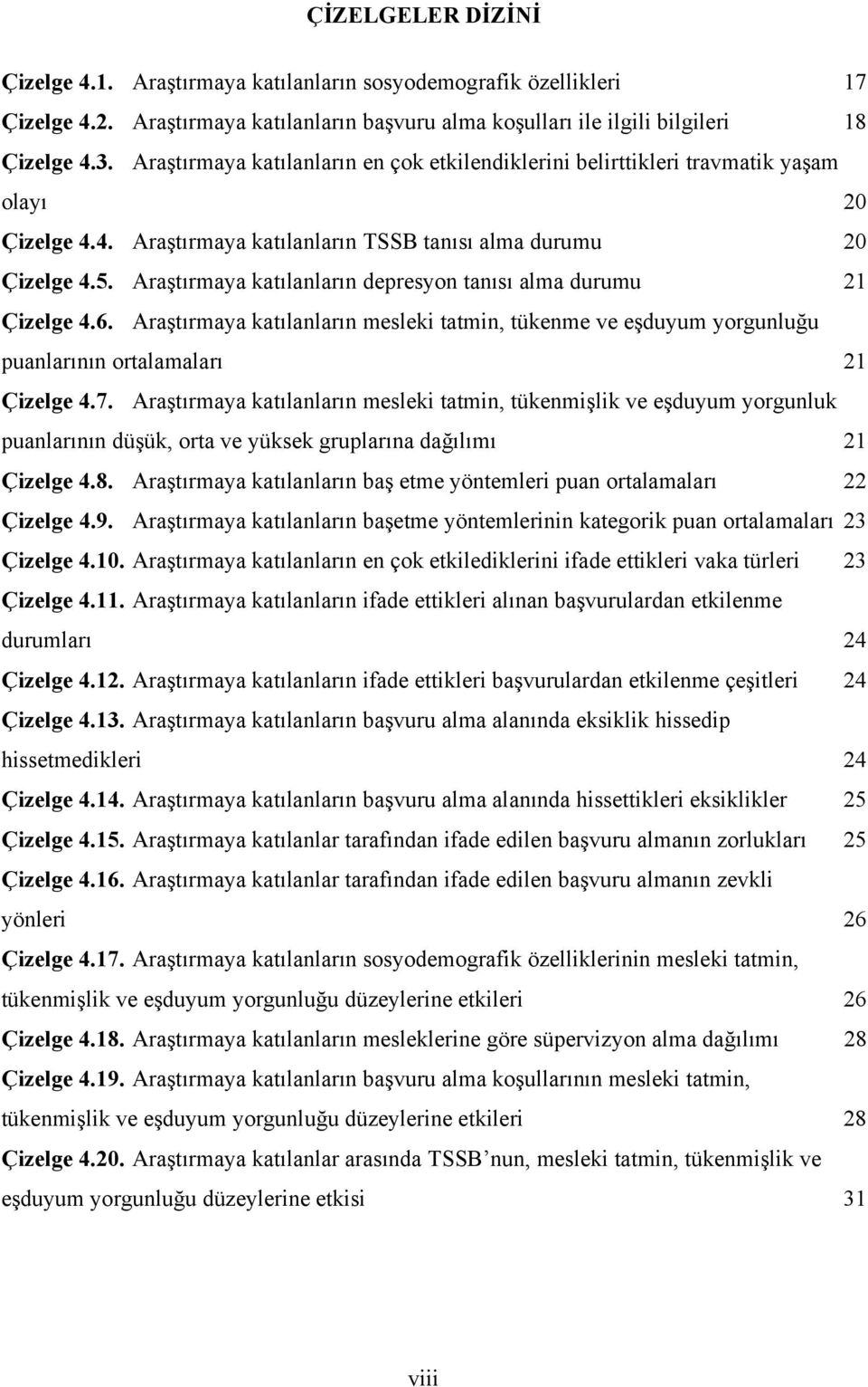 Araştırmaya katılanların depresyon tanısı alma durumu 21 Çizelge 4.6. Araştırmaya katılanların mesleki tatmin, tükenme ve eşduyum yorgunluğu puanlarının ortalamaları 21 Çizelge 4.7.