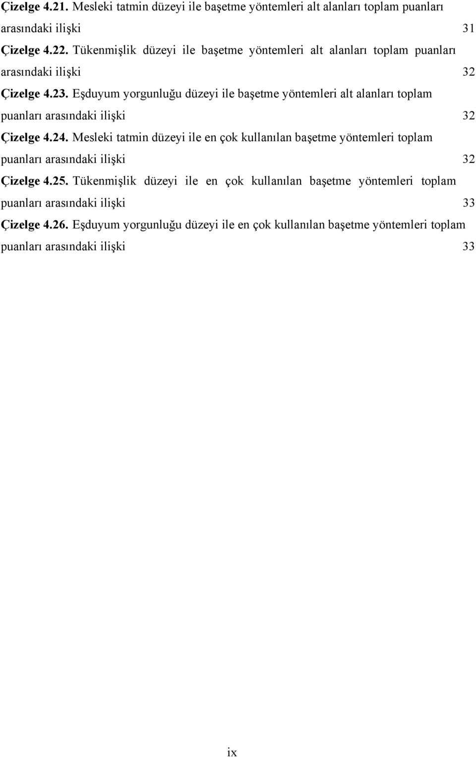 Eşduyum yorgunluğu düzeyi ile başetme yöntemleri alt alanları toplam puanları arasındaki ilişki 32 Çizelge 4.24.