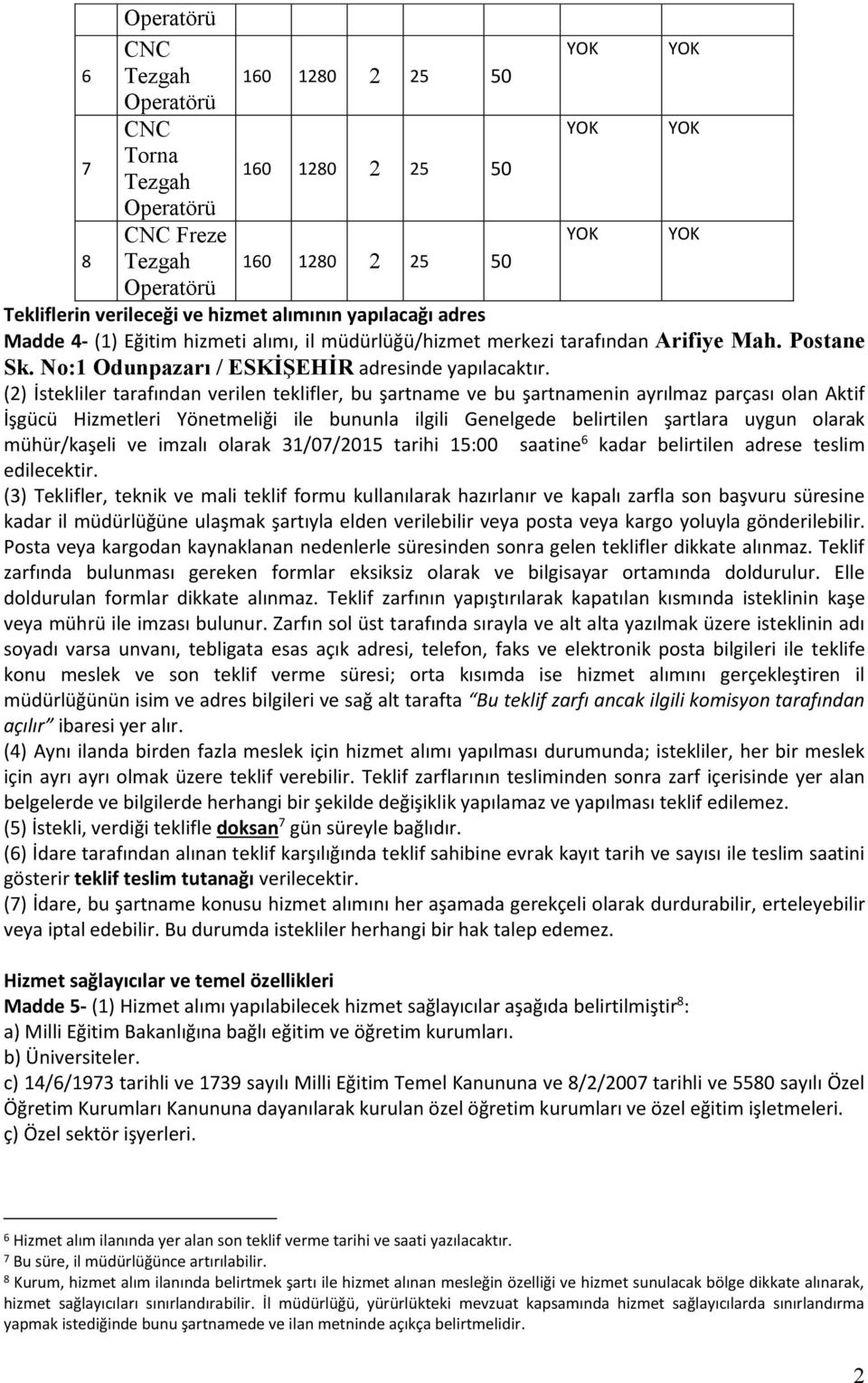 () İstekliler tarafından verilen teklifler, bu şartname ve bu şartnamenin ayrılmaz parçası olan Aktif İşgücü Hizmetleri Yönetmeliği ile bununla ilgili Genelgede belirtilen şartlara uygun olarak