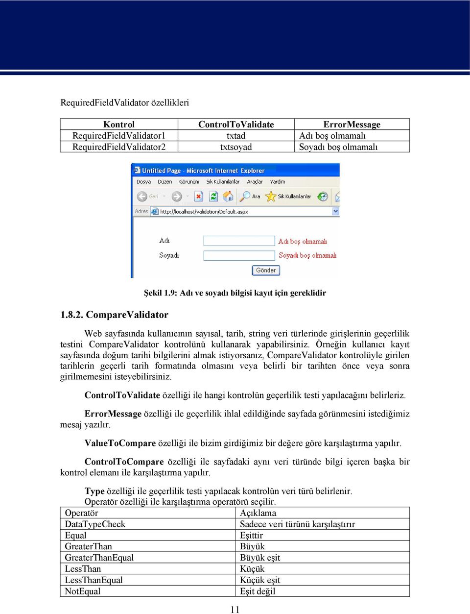 Örneğin kullanıcı kayıt sayfasında doğum tarihi bilgilerini almak istiyorsanız, CompareValidator kontrolüyle girilen tarihlerin geçerli tarih formatında olmasını veya belirli bir tarihten önce veya