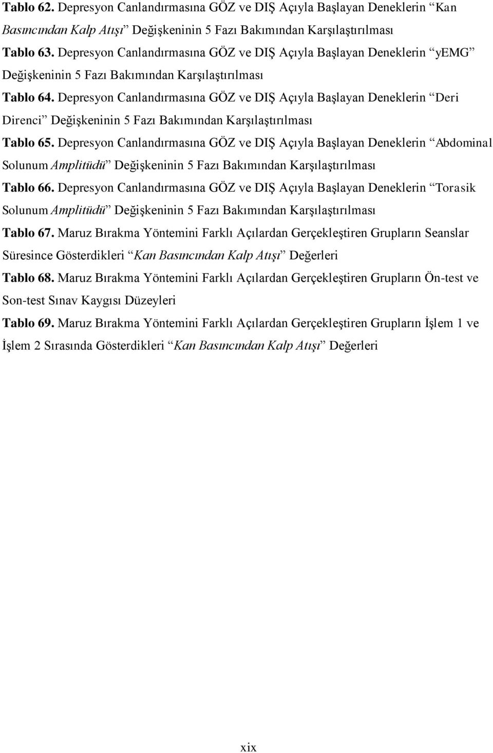 Depresyon Canlandırmasına GÖZ ve DIŞ Açıyla Başlayan Deneklerin Deri Direnci Değişkeninin 5 Fazı Bakımından Karşılaştırılması Tablo 65.