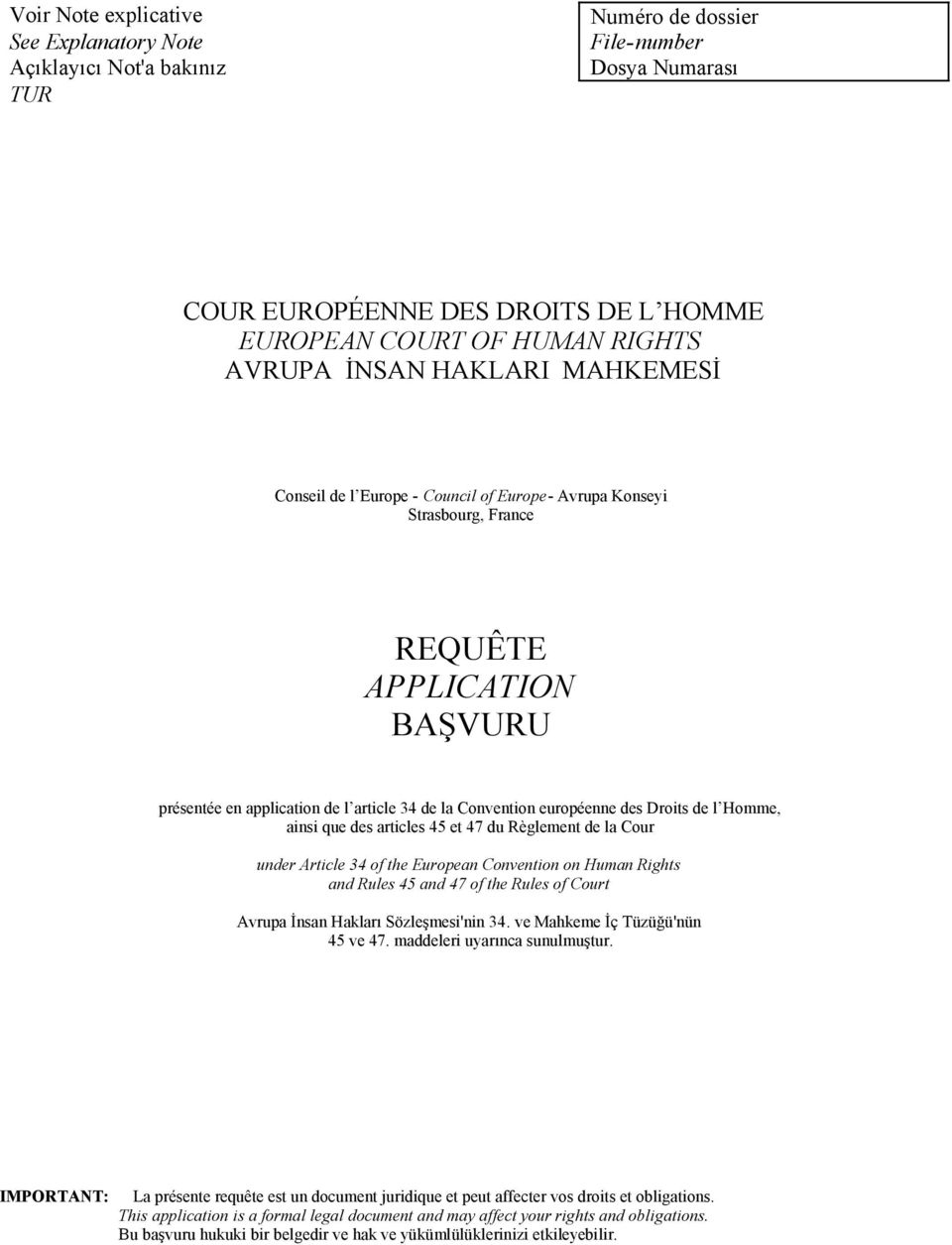 Droits de l Homme, ainsi que des articles 45 et 47 du Règlement de la Cour under Article 34 of the European Convention on Human Rights and Rules 45 and 47 of the Rules of Court Avrupa İnsan Hakları