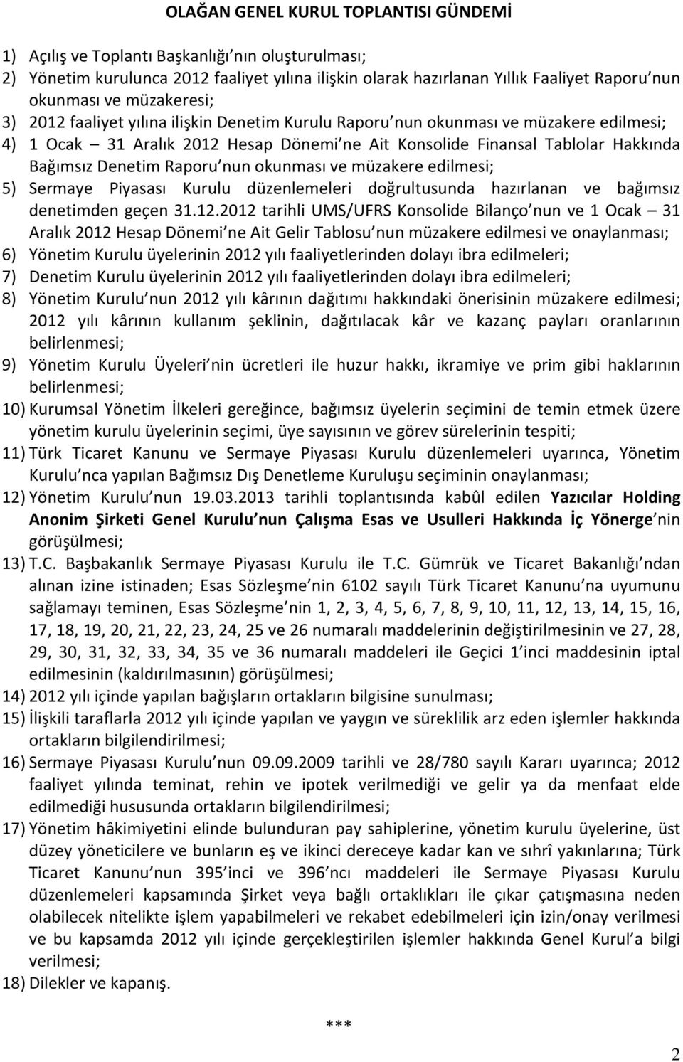 Raporu nun okunması ve müzakere edilmesi; 5) Sermaye Piyasası Kurulu düzenlemeleri doğrultusunda hazırlanan ve bağımsız denetimden geçen 31.12.