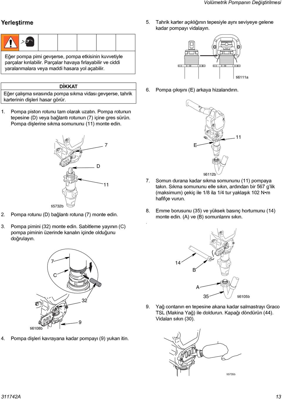 ti6111a DÝKKAT Eðer çalýþma sýrasýnda pompa sýkma vidasý gevþerse, tahrik karterinin diþleri hasar görür. 6. Pompa çýkýþýný (E) arkaya hizalandýrýn. 1. Pompa piston rotunu tam olarak uzatýn.