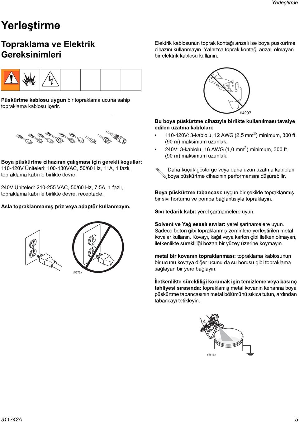 Boya püskürtme cihazýnýn çalýþmasý için gerekli koþullar: 110-120V Üniteleri: 100-130VAC, 50/60 Hz, 11A, 1 fazlý, topraklama kabý ile birlikte devre. 240V Üniteleri: 210-255 VAC, 50/60 Hz, 7.