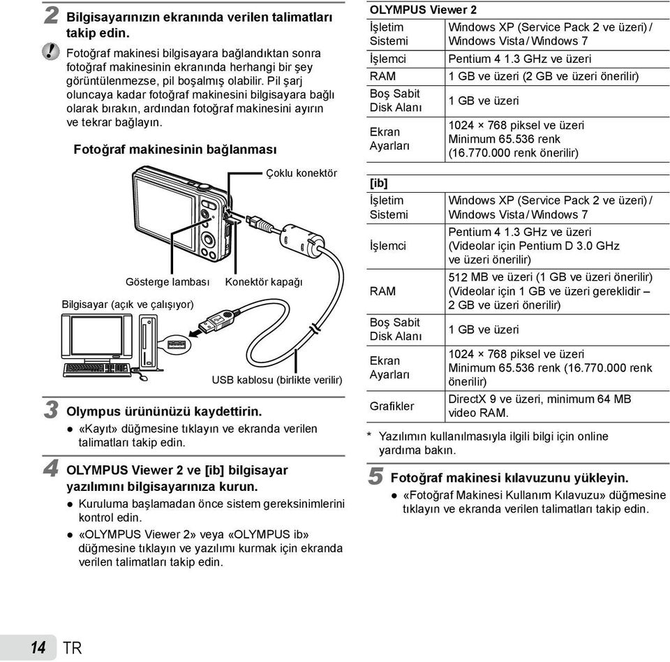 Fotoğraf makinesinin bağlanması Gösterge lambası Bilgisayar (açık ve çalışıyor) Çoklu konektör Konektör kapağı USB kablosu (birlikte verilir) 3 Olympus ürününüzü kaydettirin.