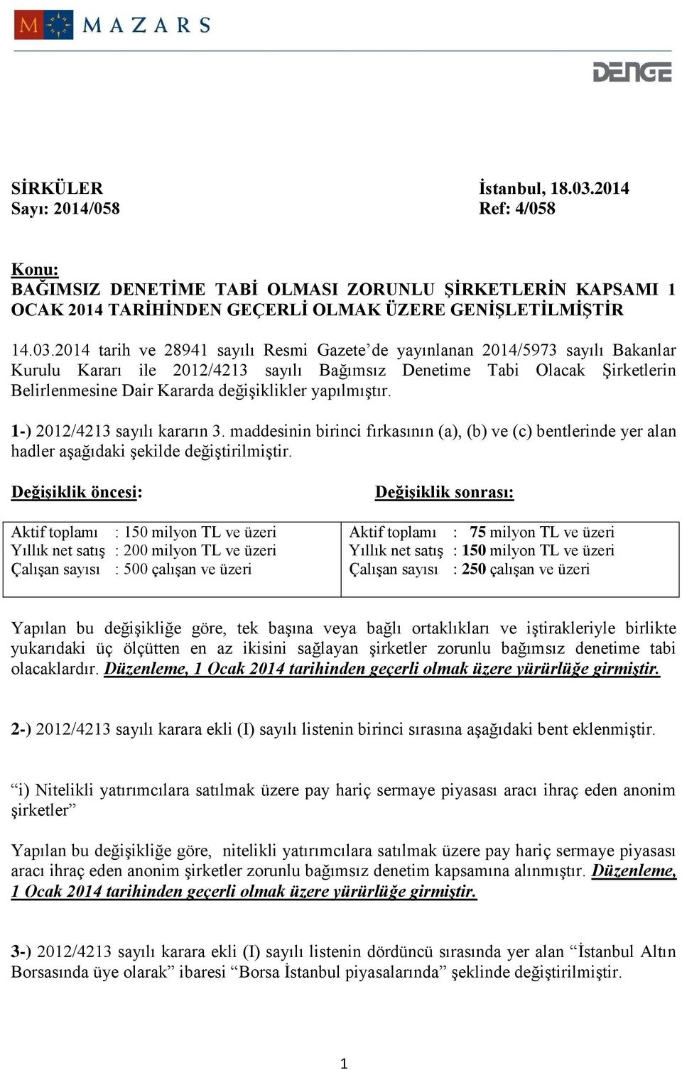 2014 tarih ve 28941 sayılı Resmi Gazete de yayınlanan 2014/5973 sayılı Bakanlar Kurulu Kararı ile 2012/4213 sayılı Bağımsız Denetime Tabi Olacak Şirketlerin Belirlenmesine Dair Kararda değişiklikler