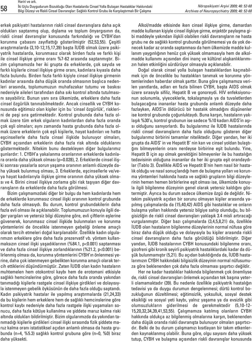 Çeflitli araflt rmalarda (3,10-12,15,17,39) baflta UDB olmak üzere psikiyatrik hastalarda, korunmas z olarak birden fazla ve farkl kifli ile cinsel iliflkiye girme oran %7-62 aras nda saptanm flt r.