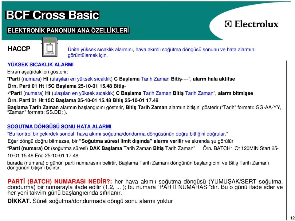 48 Bitiş- Parti (numara) Ht (ulaşılan en yüksek sıcaklık) C Başlama Tarih Zaman Bitiş Tarih Zaman, alarm bitmişse Örn. Parti 01 Ht 15C Başlama 25-10-01 15.48 Bitiş 25-10-01 17.