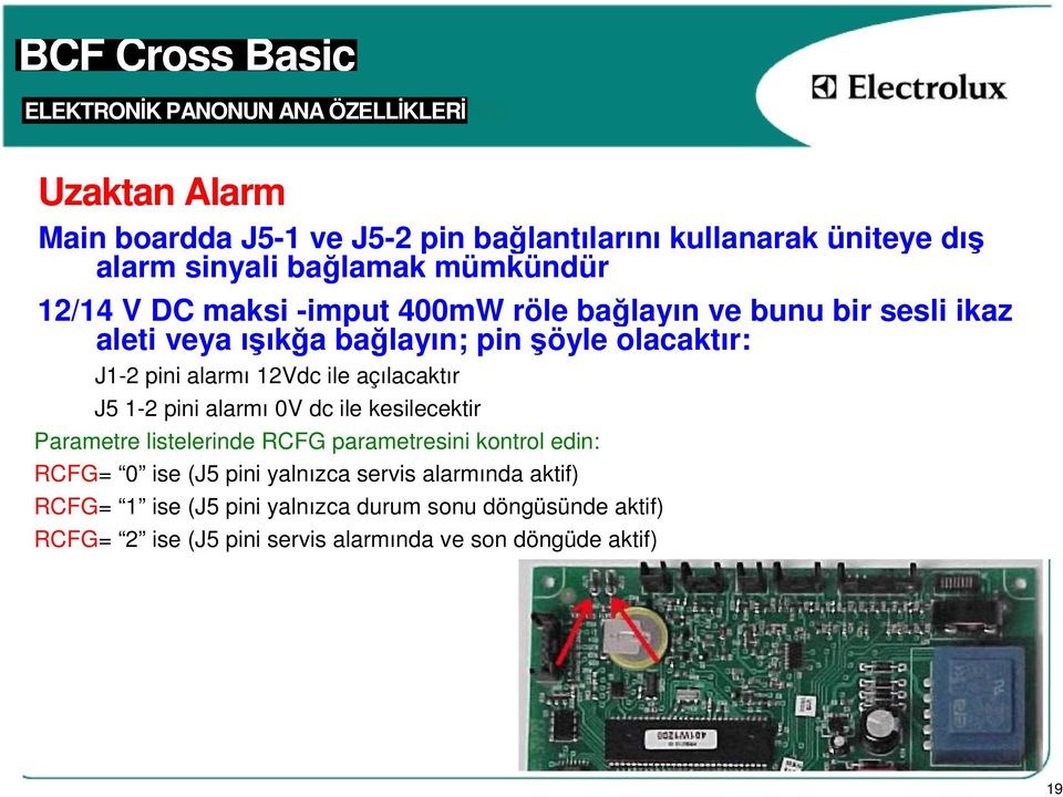 açılacaktır J5 1-2 pini alarmı 0V dc ile kesilecektir Parametre listelerinde RCFG parametresini kontrol edin: RCFG= 0 ise (J5 pini