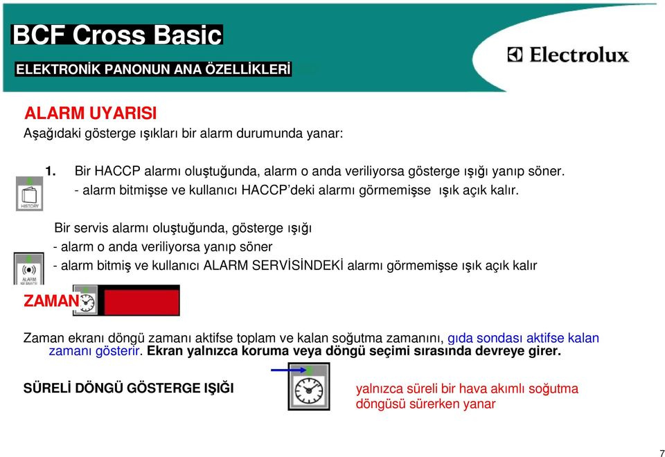 Bir servis alarmı oluştuğunda, gösterge ışığı - alarm o anda veriliyorsa yanıp söner - alarm bitmiş ve kullanıcı ALARM SERVİSİNDEKİ alarmı görmemişse ışık açık kalır