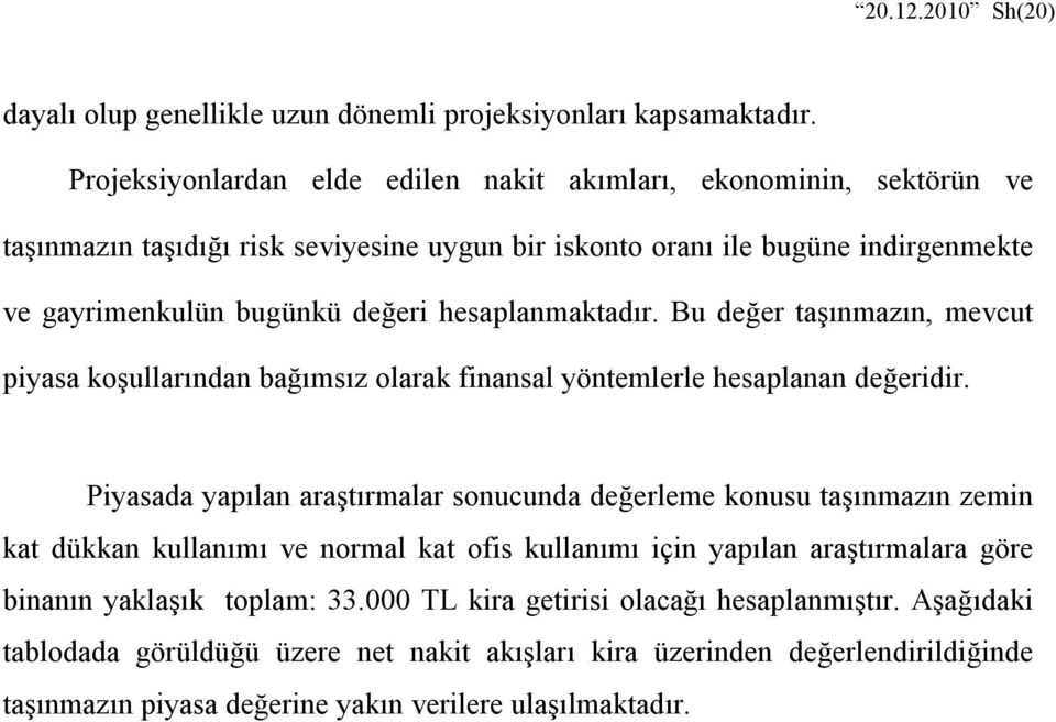 hesaplanmaktadır. Bu değer taşınmazın, mevcut piyasa koşullarından bağımsız olarak finansal yöntemlerle hesaplanan değeridir.