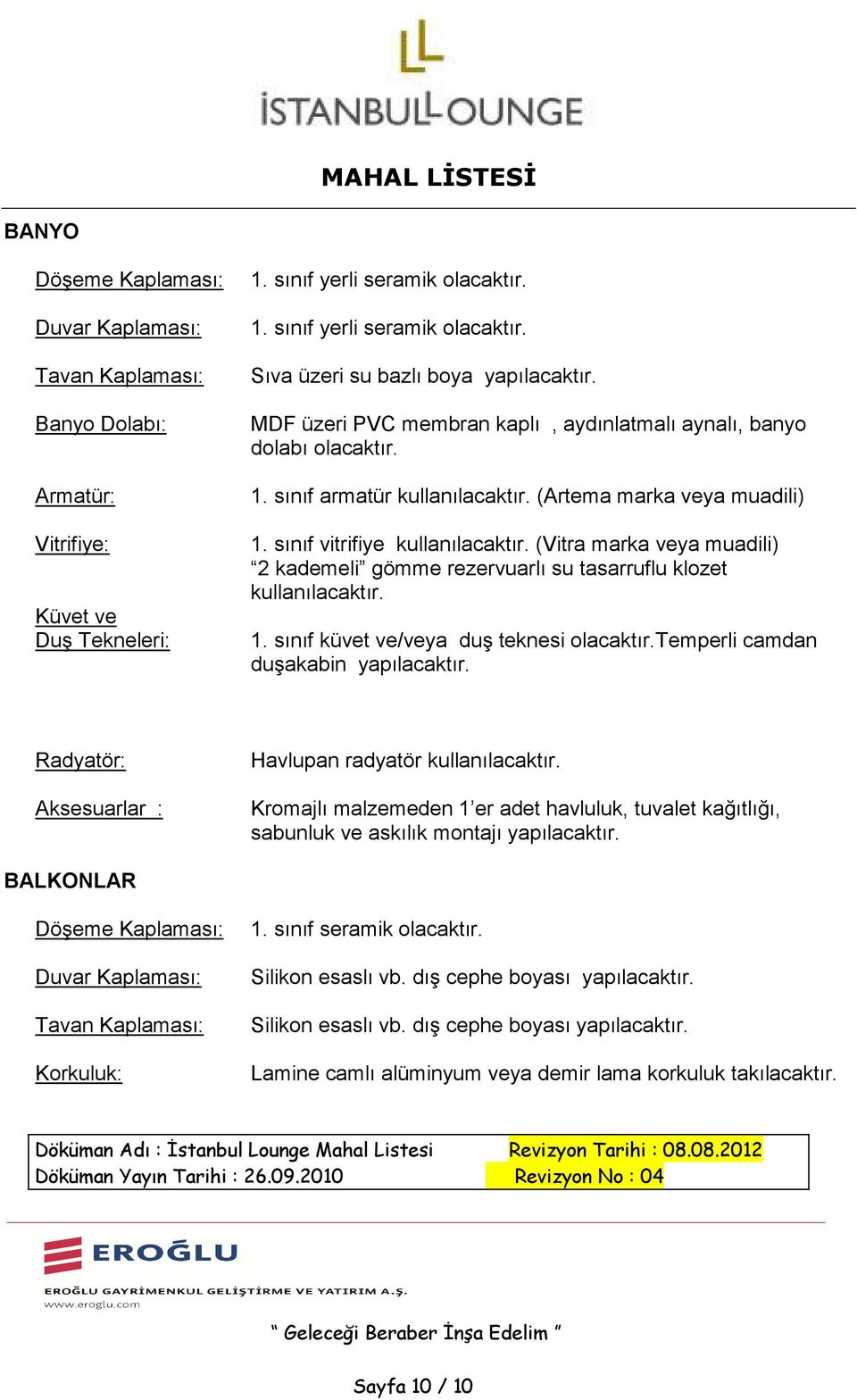 (Vitra marka veya muadili) 2 kademeli gömme rezervuarlı su tasarruflu klozet kullanılacaktır. 1. sınıf küvet ve/veya duş teknesi olacaktır.temperli camdan duşakabin yapılacaktır.