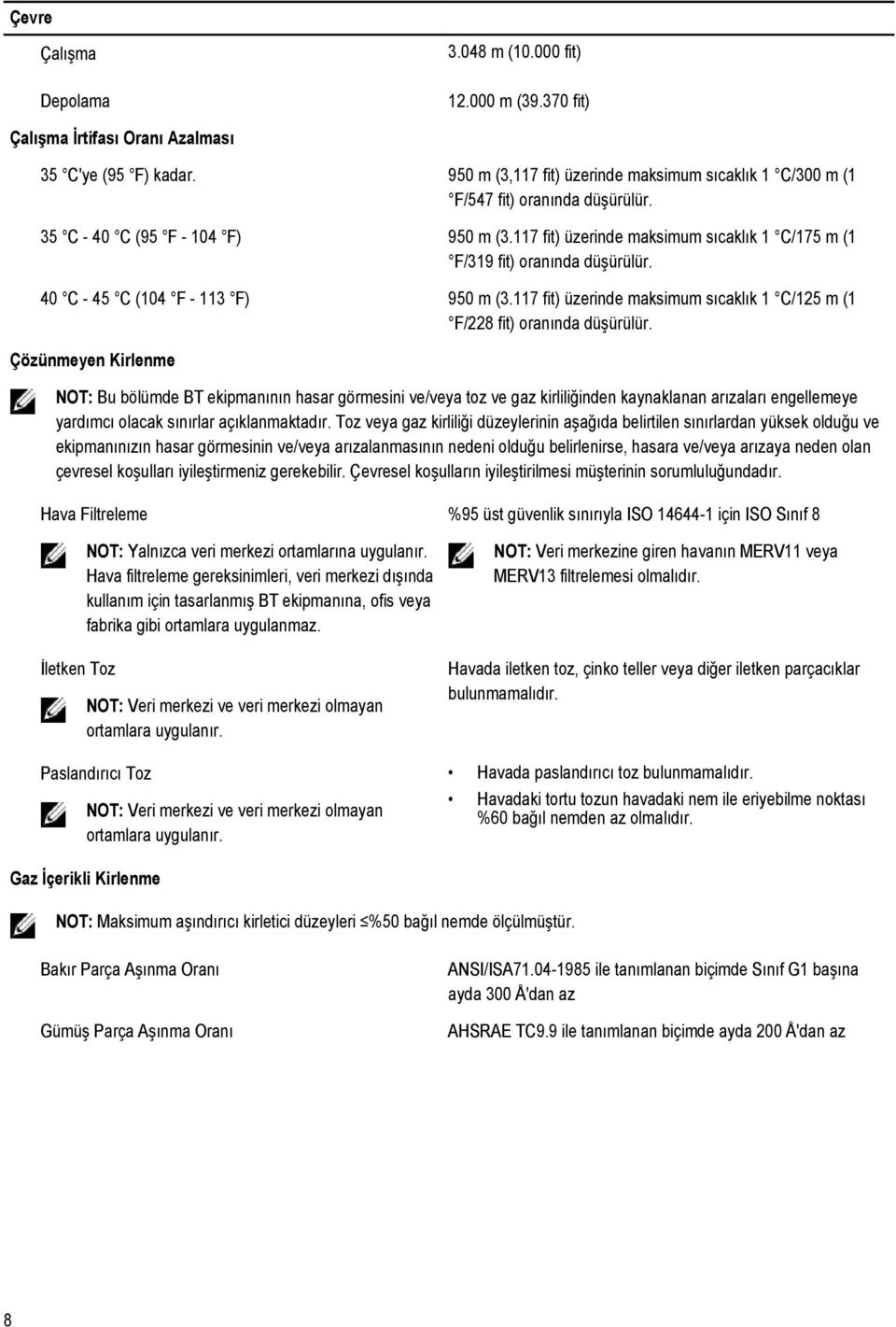 117 fit) üzerinde maksimum sıcaklık 1 C/175 m (1 F/319 fit) oranında düşürülür. 40 C - 45 C (104 F - 113 F) 950 m (3.117 fit) üzerinde maksimum sıcaklık 1 C/125 m (1 F/228 fit) oranında düşürülür.