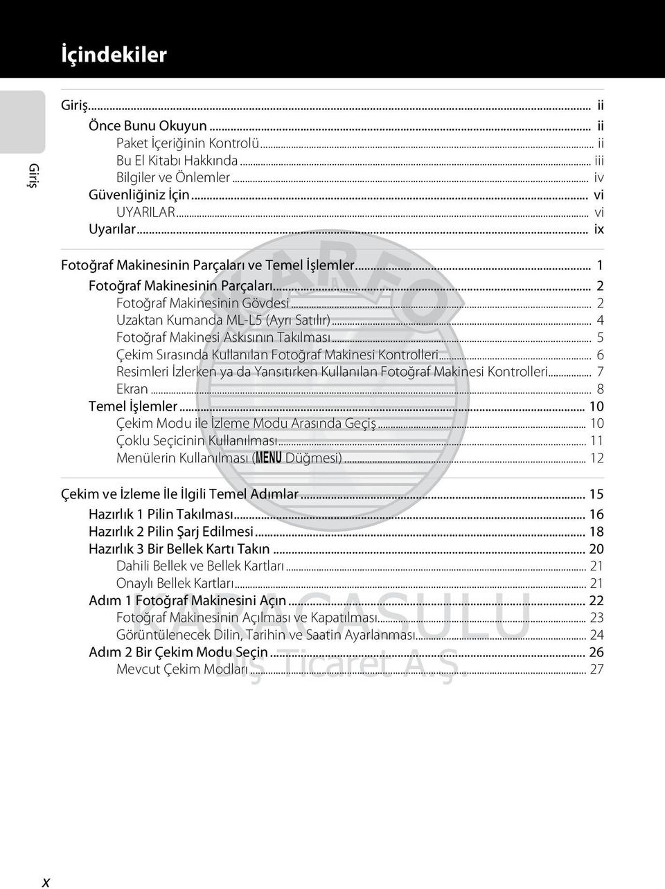 .. 4 Fotoğraf Makinesi Askısının Takılması... 5 Çekim Sırasında Kullanılan Fotoğraf Makinesi Kontrolleri... 6 Resimleri İzlerken ya da Yansıtırken Kullanılan Fotoğraf Makinesi Kontrolleri... 7 Ekran.