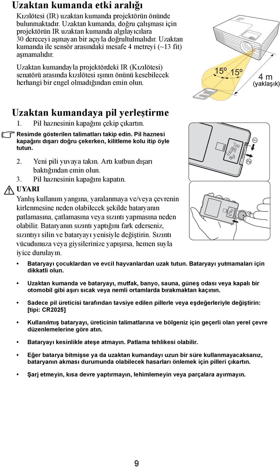 Uzaktan kumanda ile sensör arasındaki mesafe 4 metreyi (~13 fit) aşmamalıdır.