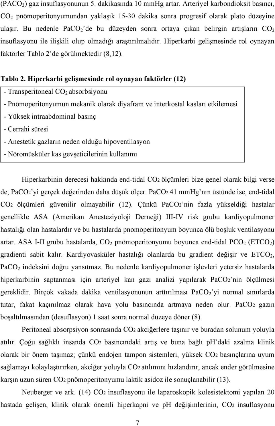 Hiperkarbi gelişmesinde rol oynayan faktörler Tablo 2 