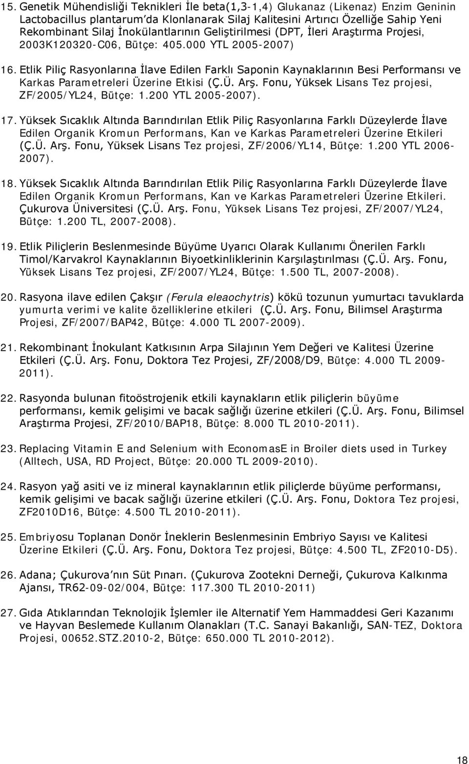 Etlik Piliç Rasyonlarına İlave Edilen Farklı Saponin Kaynaklarının Besi Performansı ve Karkas Parametreleri Üzerine Etkisi (Ç.Ü. Arş. Fonu, Yüksek Lisans Tez projesi, ZF/2005/YL24, Bütçe: 1.