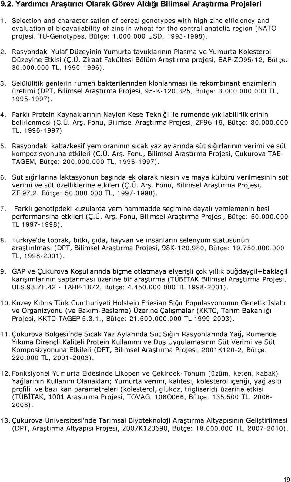 000.000 USD, 1993-1998). 2. Rasyondaki Yulaf Düzeyinin Yumurta tavuklarının Plasma ve Yumurta Kolesterol Düzeyine Etkisi (Ç.Ü. Ziraat Fakültesi Bölüm Araştırma projesi, BAP-ZO95/12, Bütçe: 30.000.000 TL, 1995-1996).