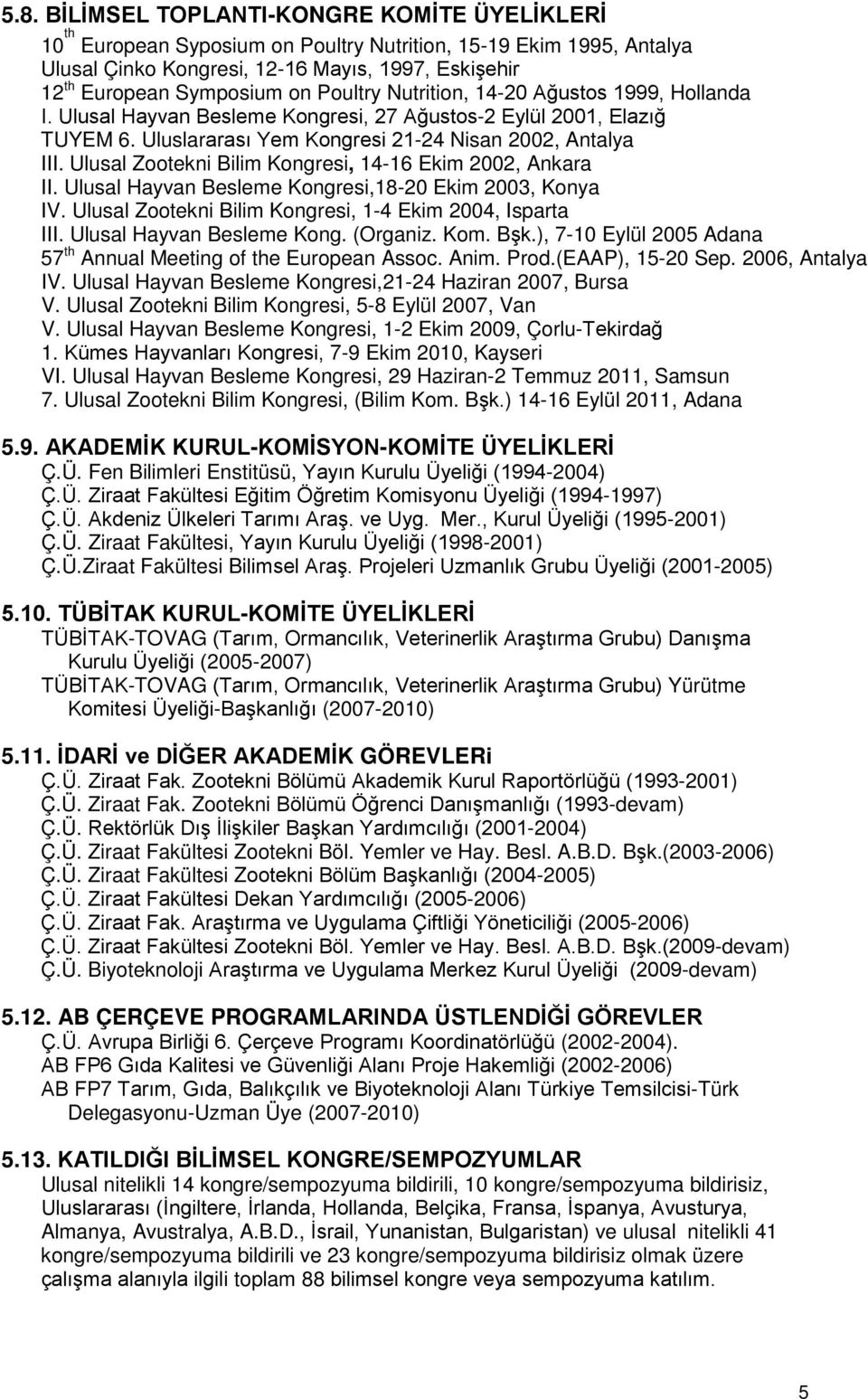 Ulusal Zootekni Bilim Kongresi, 14-16 Ekim 2002, Ankara II. Ulusal Hayvan Besleme Kongresi,18-20 Ekim 2003, Konya IV. Ulusal Zootekni Bilim Kongresi, 1-4 Ekim 2004, Isparta III.