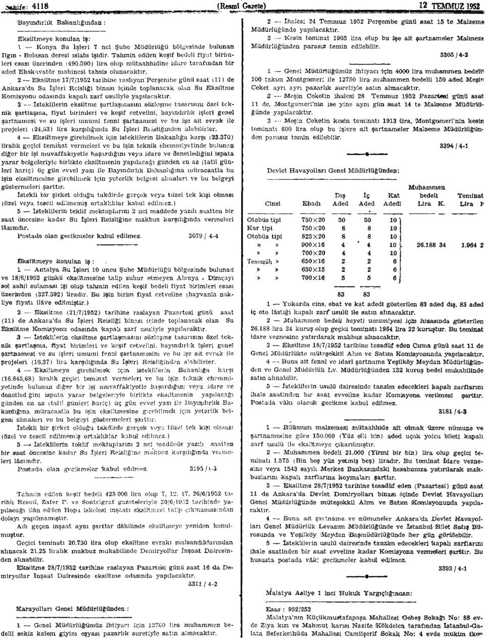 2 Eksiltme 17/7/1952 tarihine raslıyan'perşembe günü saat (11) de Ankara'da Su İşleri Reisliği binası içinde toplanacak olan Su Eksiltme Komisyonu odasında kapalı zarf usuliyle yapılacaktır.