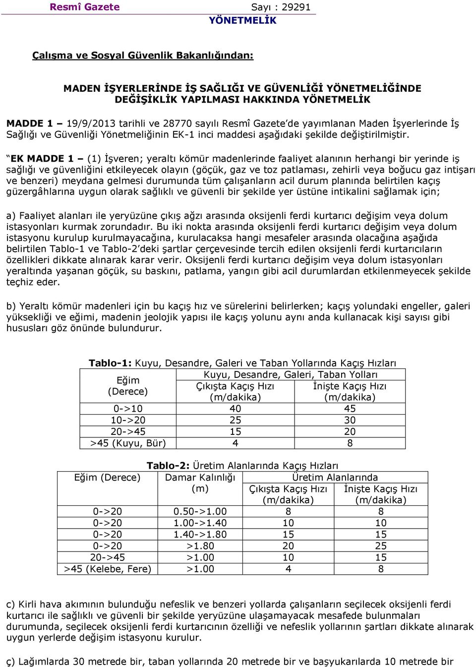 EK MADDE 1 (1) İşveren; yeraltı kömür madenlerinde faaliyet alanının herhangi bir yerinde iş sağlığı ve güvenliğini etkileyecek olayın (göçük, gaz ve toz patlaması, zehirli veya boğucu gaz intişarı