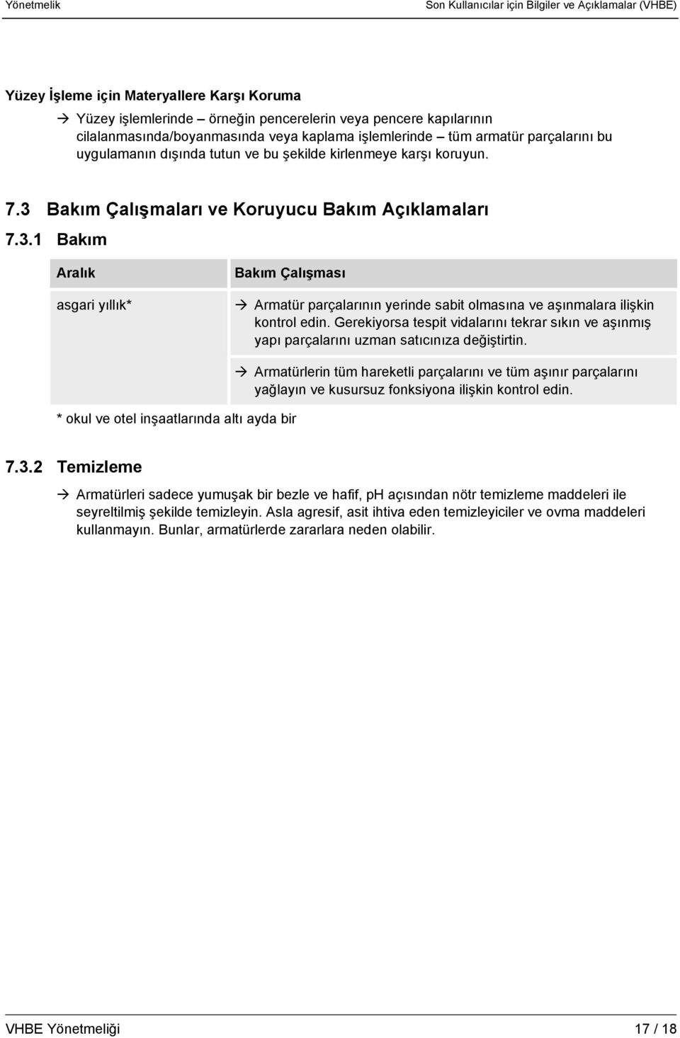 Bakım Çalışmaları ve Koruyucu Bakım Açıklamaları 7.3.1 Bakım Aralık asgari yıllık* Bakım Çalışması Armatür parçalarının yerinde sabit olmasına ve aşınmalara ilişkin kontrol edin.