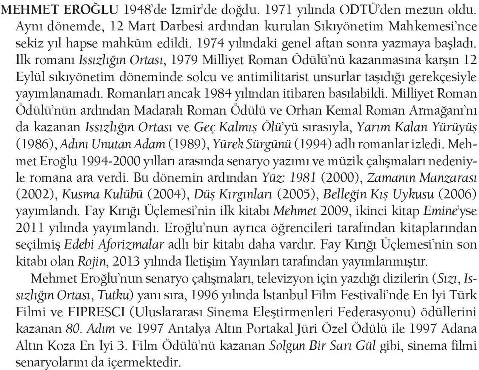 İlk romanı Issızlığın Ortası, 1979 Milliyet Roman Ödülü nü kazanmasına karşın 12 Eylül sıkıyönetim döneminde solcu ve antimilitarist unsurlar taşıdığı gerekçesiyle yayımlanamadı.