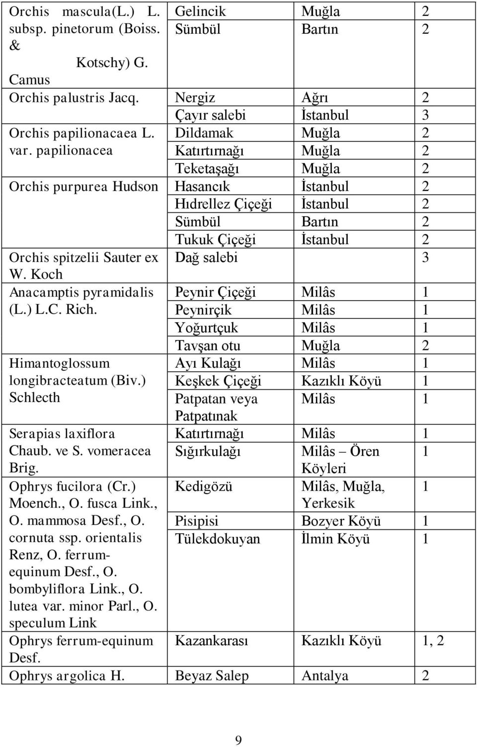 Sauter ex W. Koch Anacamptis pyramidalis (L.) L.C. Rich. Himantoglossum longibracteatum (Biv.) Schlecth Serapias laxiflora Chaub. ve S. vomeracea Brig. Ophrys fucilora (Cr.) Moench., O. fusca Link.