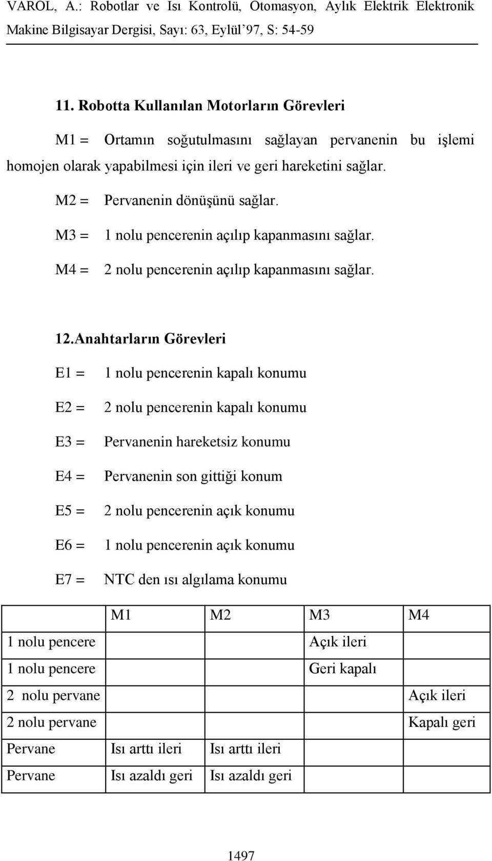 Anahtarların Görevleri E1 = E2 = E3 = E4 = E5 = E6 = E7 = 1 nolu pencerenin kapalı konumu 2 nolu pencerenin kapalı konumu Pervanenin hareketsiz konumu Pervanenin son gittiği konum 2 nolu